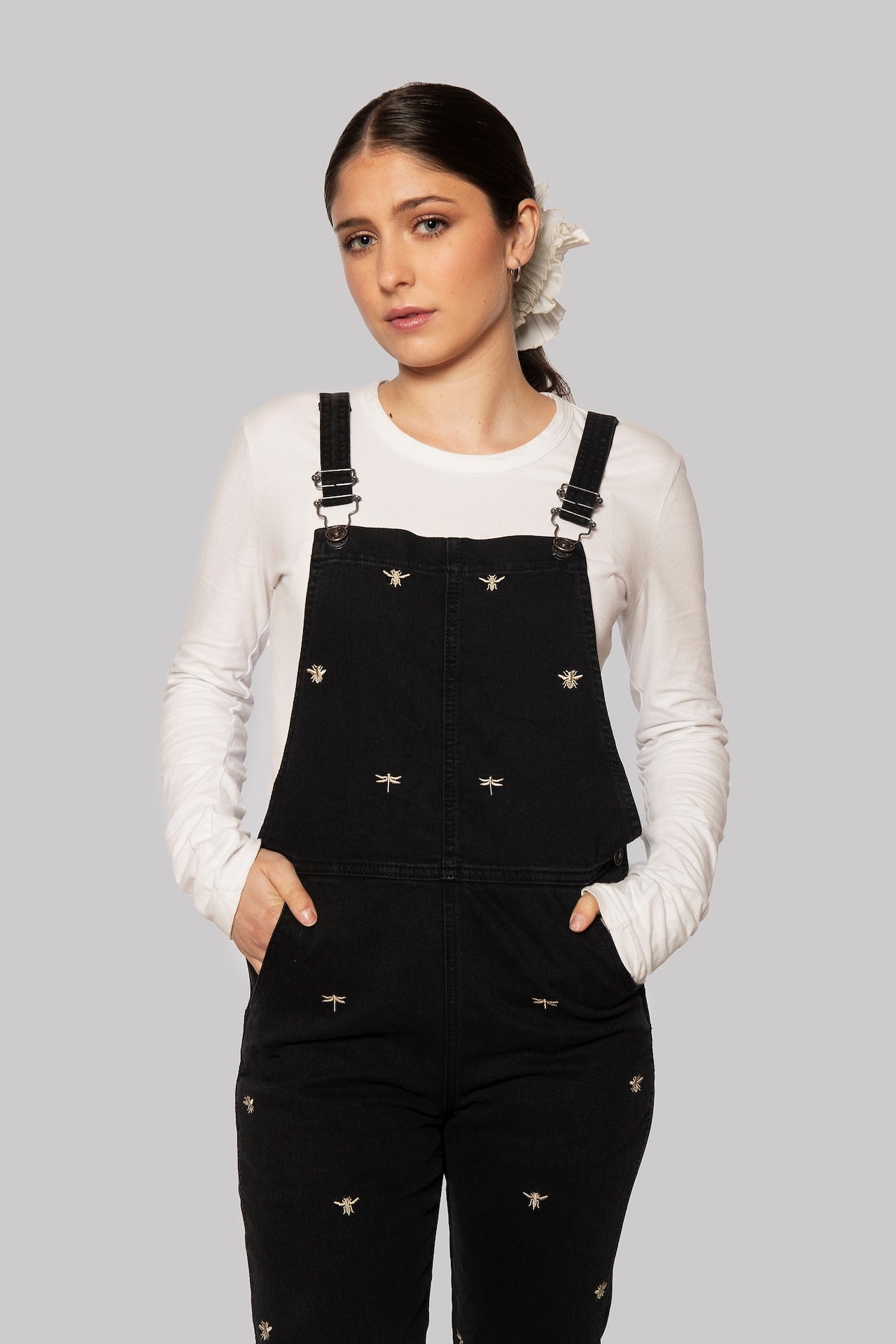 Gretek Ash Denim Overalls with Golden Insect Embroidery