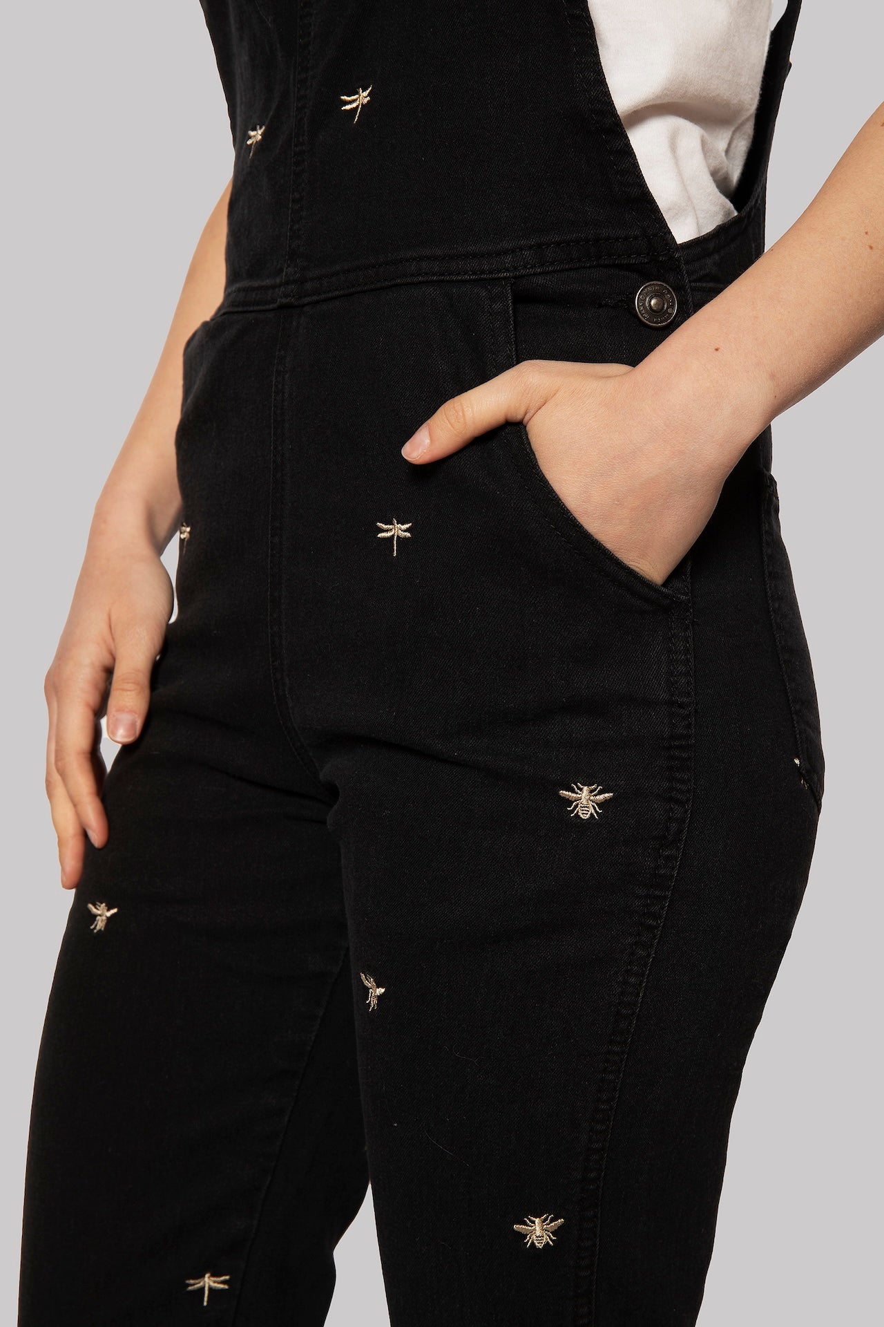 Gretek Ash Denim Overalls with Golden Insect Embroidery