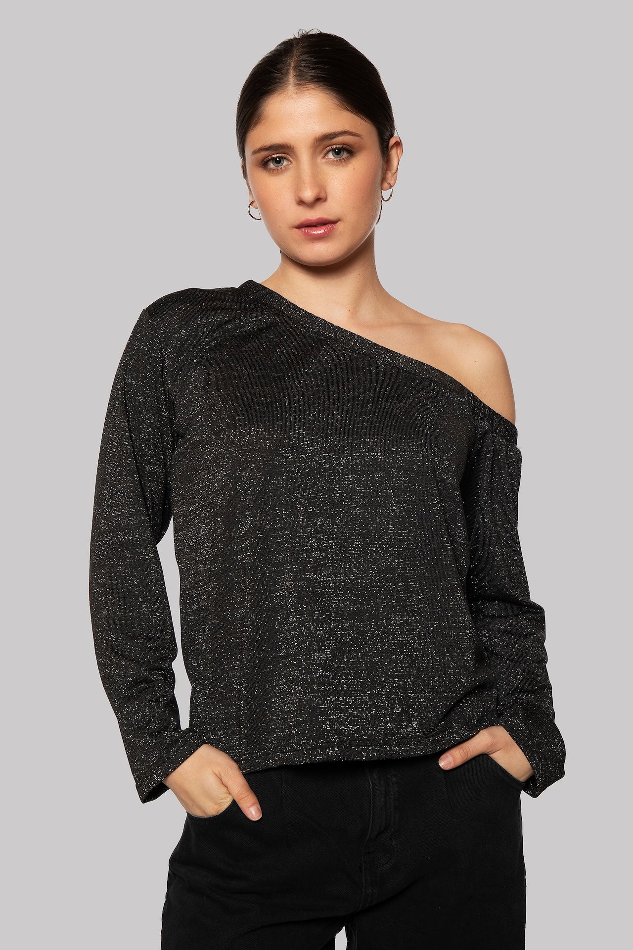 Juicy Asymmetrical Neckline Long-Sleeve Shimmery  Top