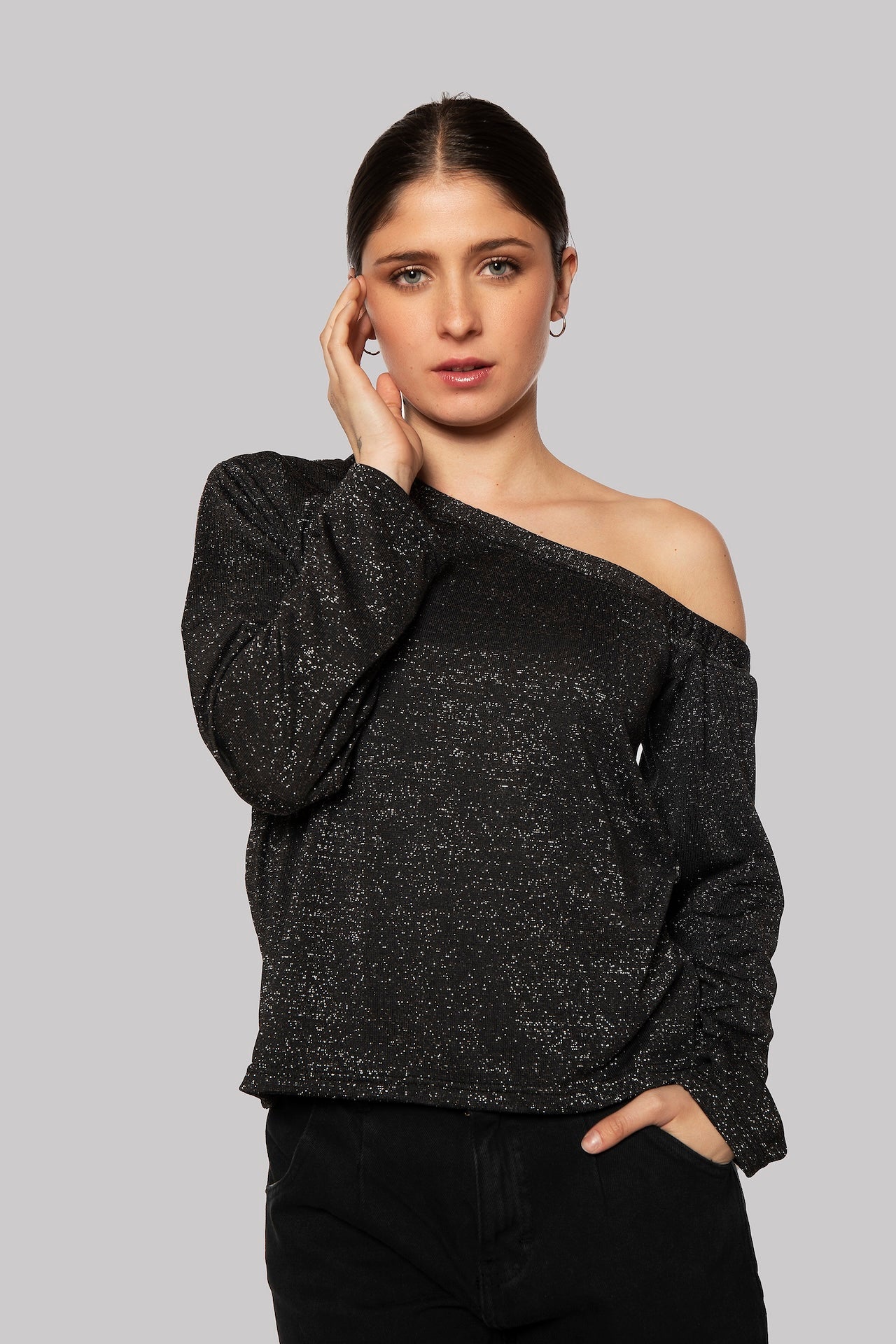 Juicy Asymmetrical Neckline Long-Sleeve Shimmery  Top