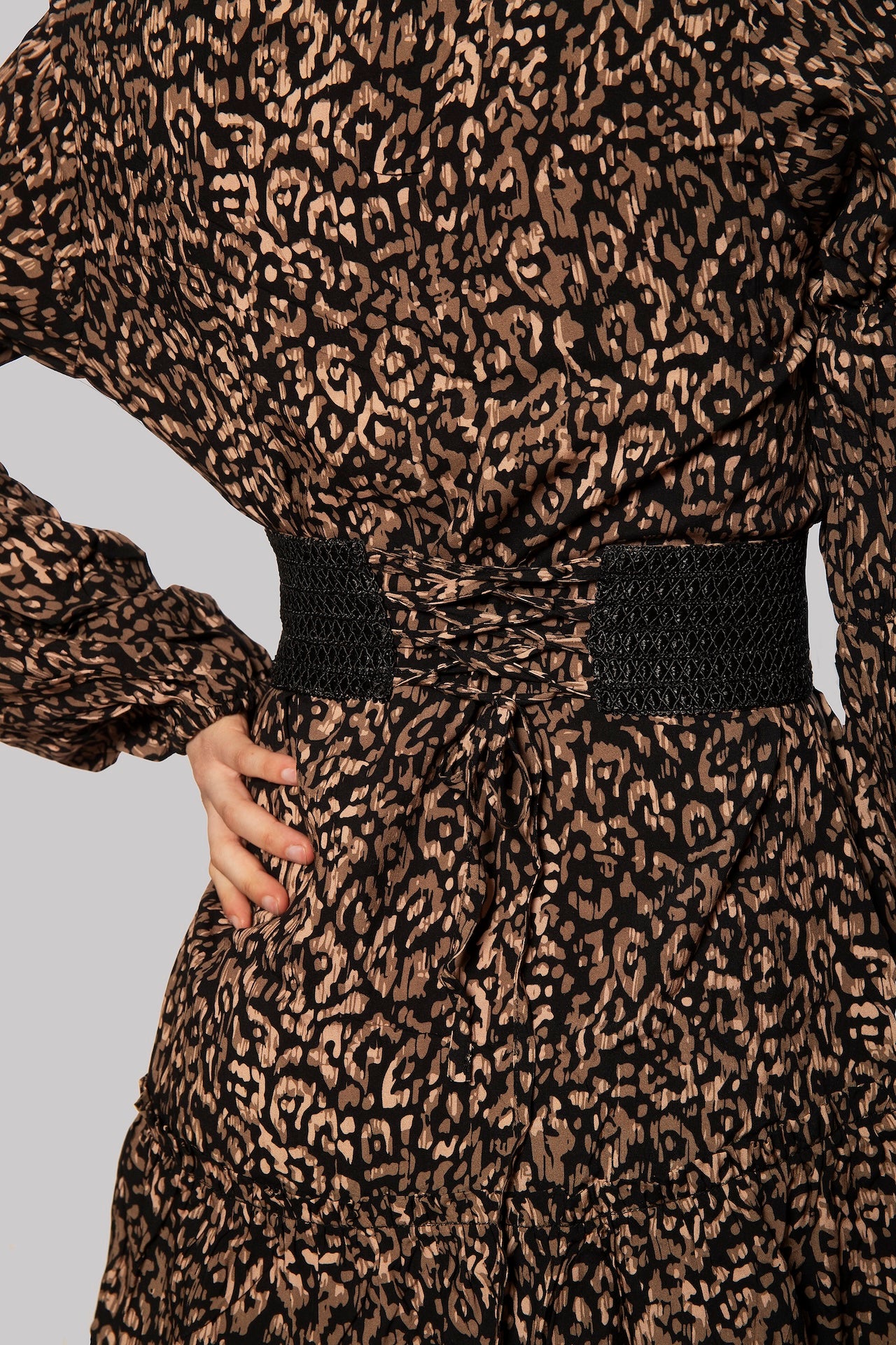 animal viscose dress long sleeve Karen Millen Premium Viscose Linen Woven Shirt Dress With Gold Buckle Belt in Animal