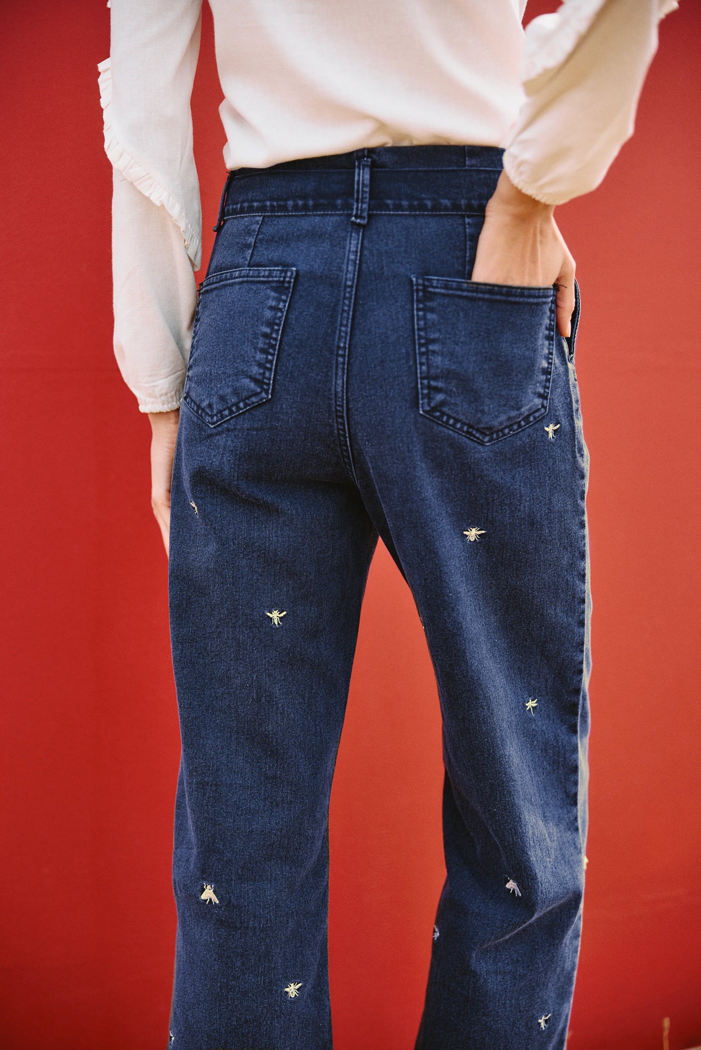 Ubud Blue Jeans with Golden Insect Embroidery