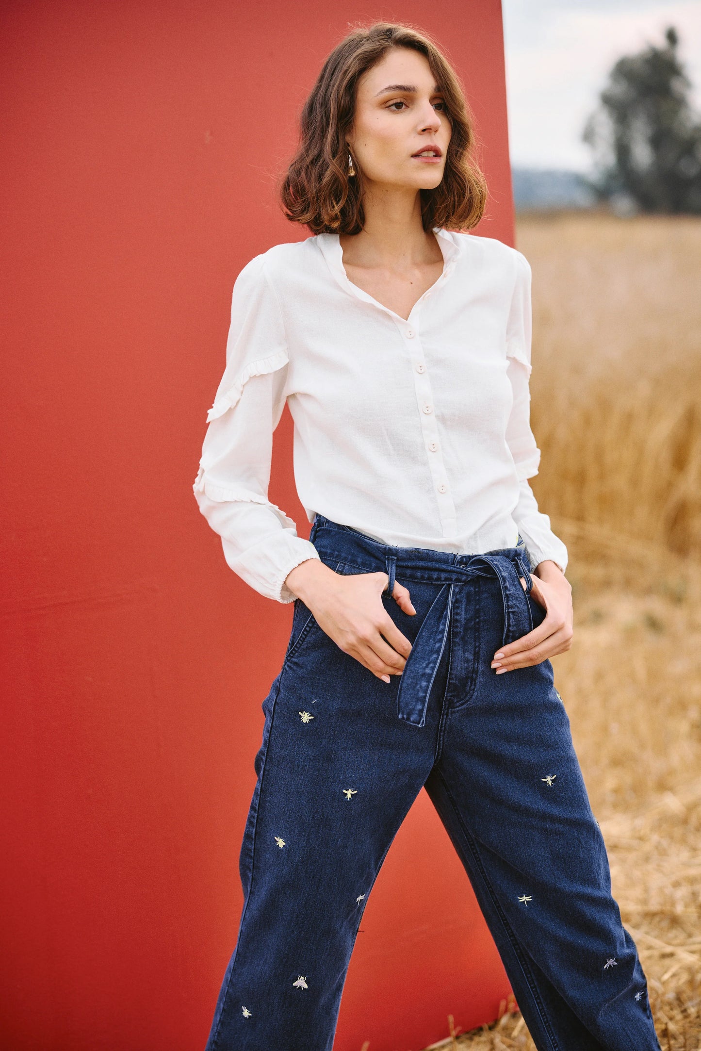 Ubud Blue Jeans with Golden Insect Embroidery