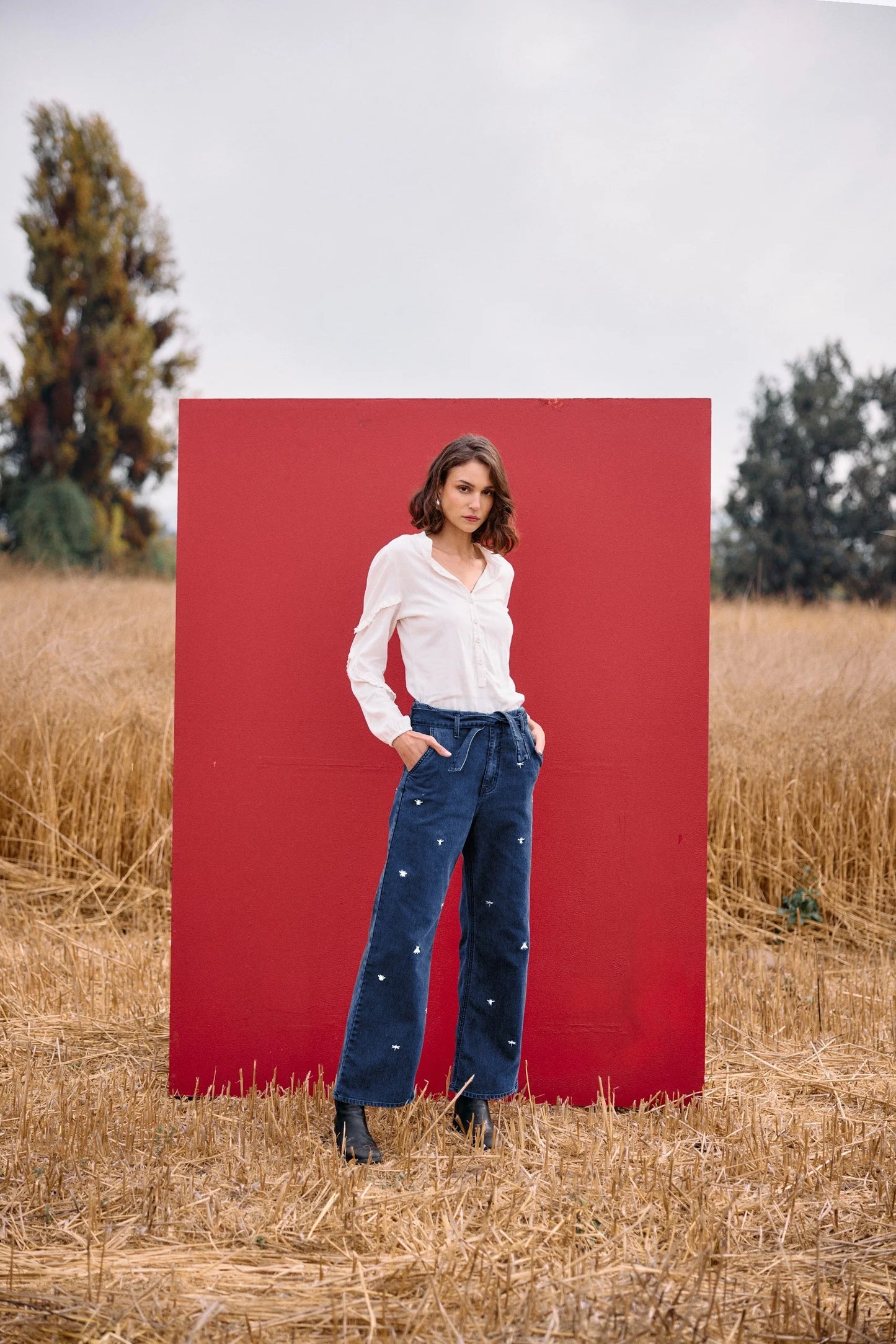 Ubud Blue Jeans with Golden Insect Embroidery