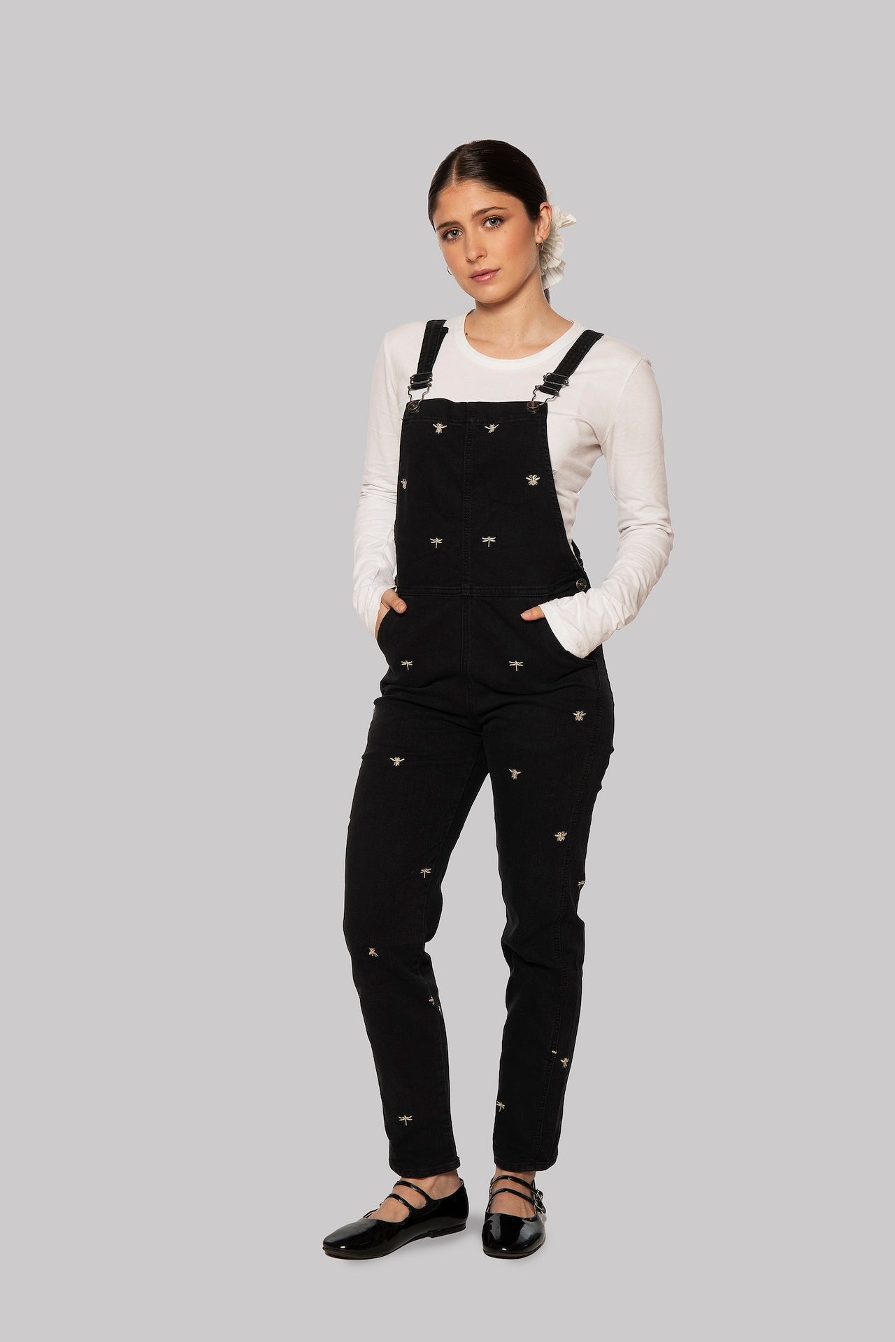 Gretek Ash Denim Overalls with Golden Insect Embroidery