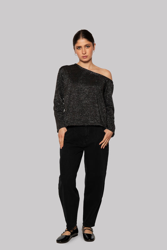 Juicy Asymmetrical Neckline Long-Sleeve Shimmery  Top