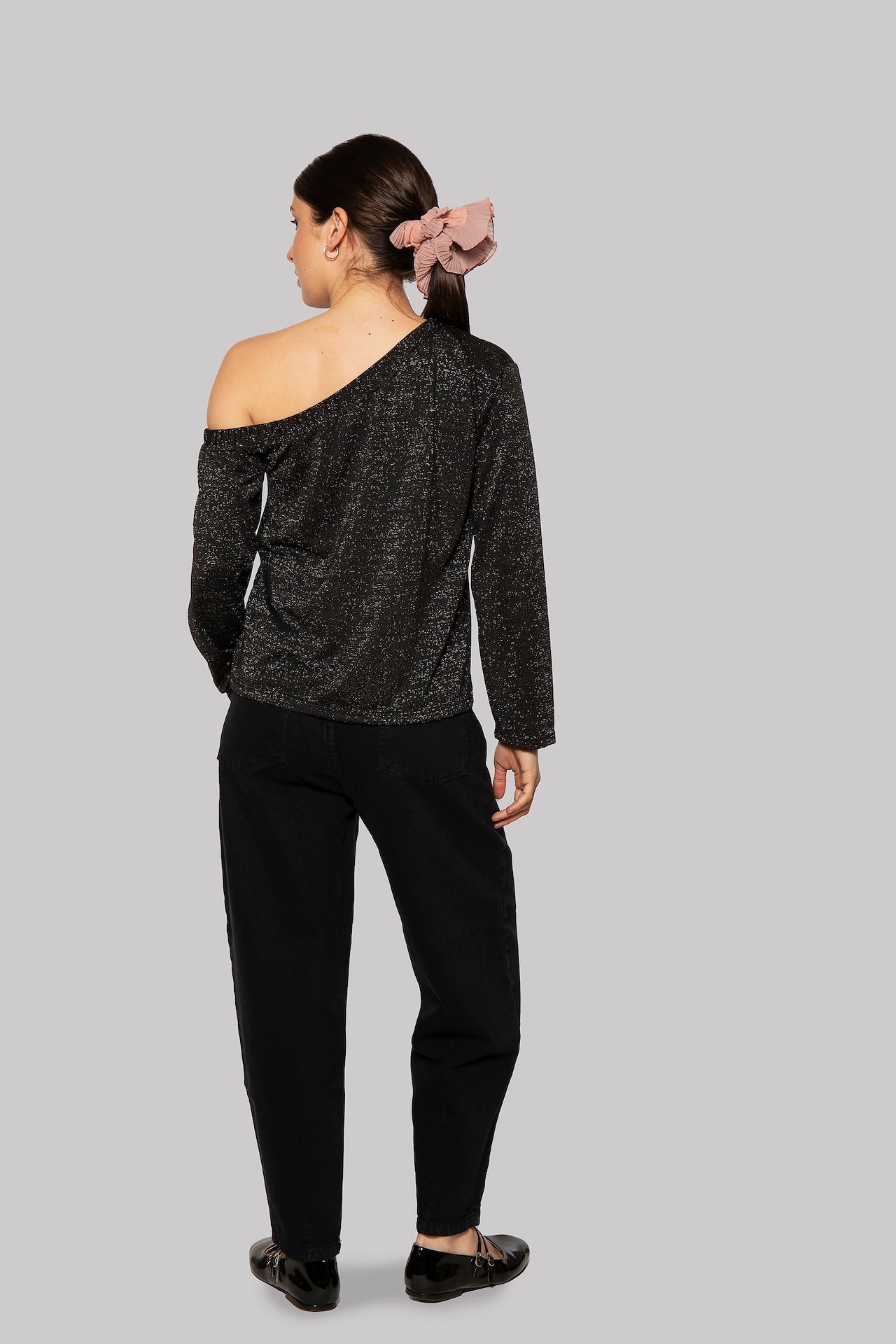 Juicy Asymmetrical Neckline Long-Sleeve Shimmery  Top